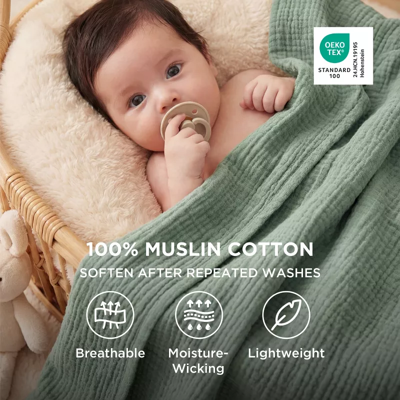 100% Cotton Muslin Throw Blanket Twin XL, Sage Green - Image 4