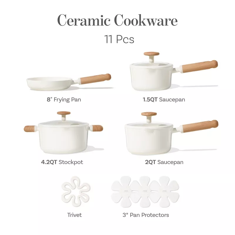 11pc Ceramic Nonstick Cookware Set Cream - Image 3