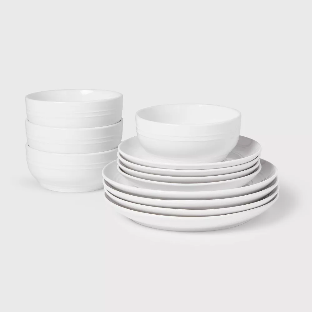 12pc Stoneware Westfield Dinnerware Set White - Service for 4