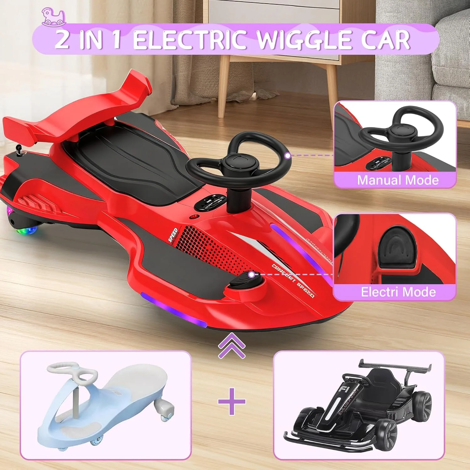 Electric Wiggle Car with Pedal for Kids, Rechargeable 2 in 1 Swing Car (Red-Black) - Image 2