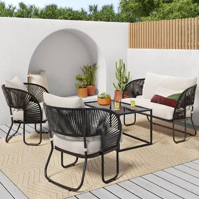 1-Piece Mackworth Rope Outdoor Patio Club Chairs Black - Weather-Resistant Steel Frame, Polyester Cushions - Image 2
