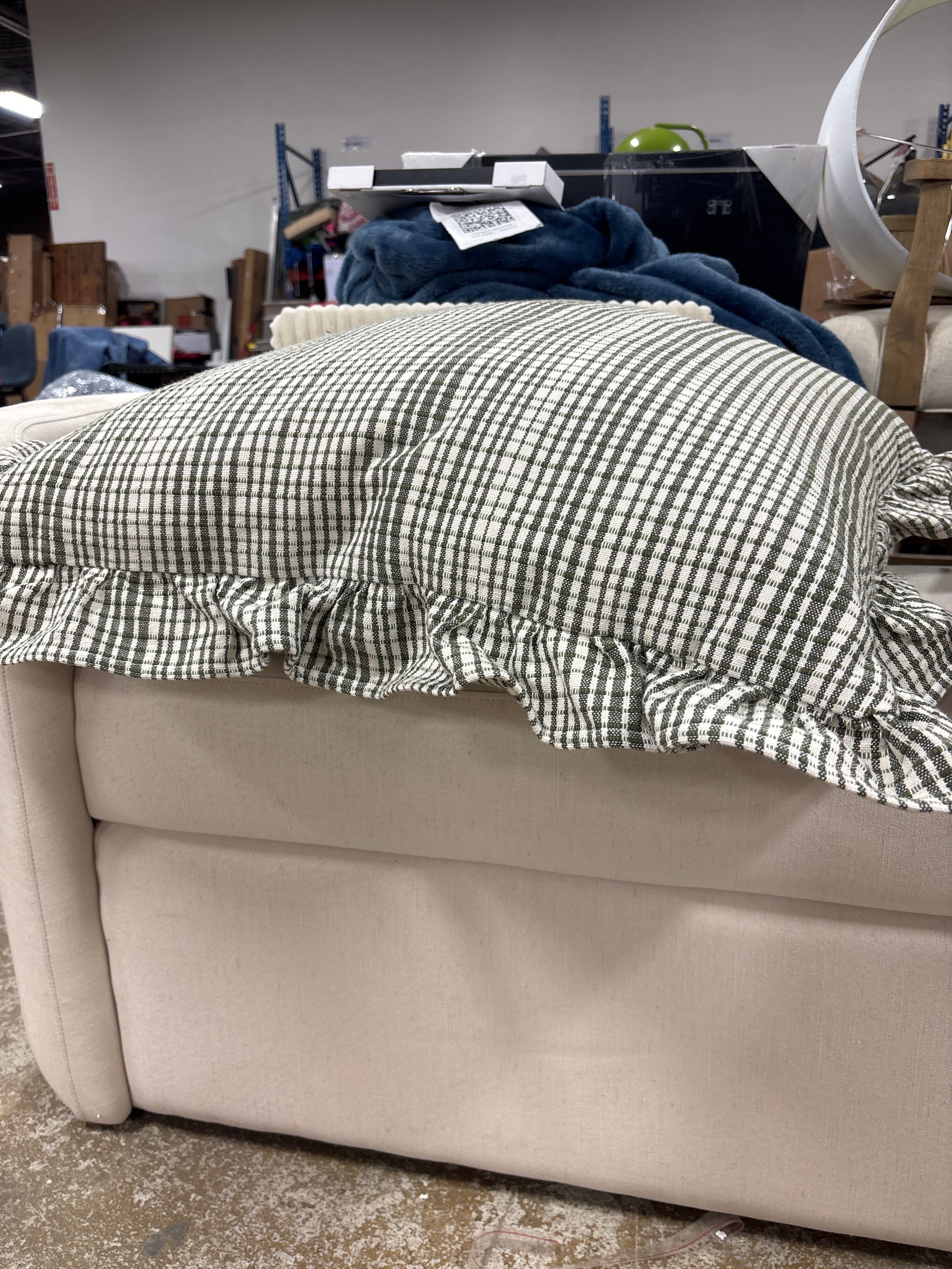 24"x24" Uneven Plaid with Ruffle Pillow Green/Tan SHOWROOM ITEM - Image 4