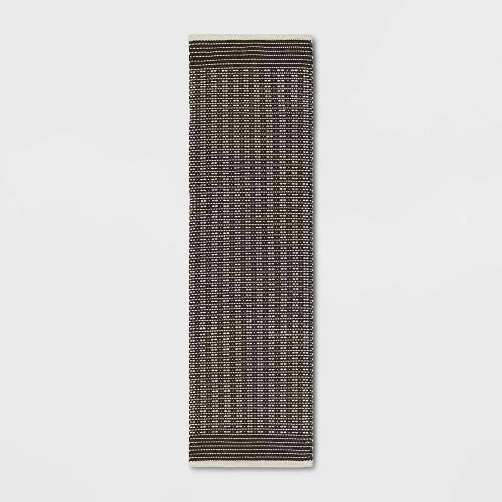 Hand Woven Cotton/Wool Runner Black -  Stripe Pattern 2'x7'