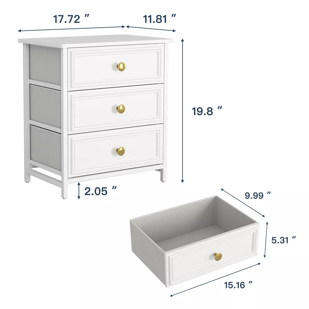 3 Fabric Drawer Small Nightstand Set of 2, White - Image 2
