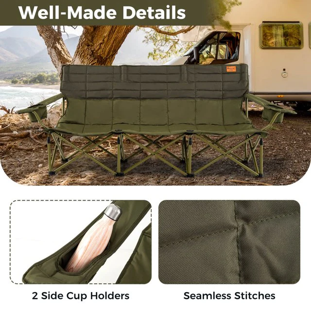 3 Person Foldable Camping Chair with 2 Cup Holders, Green - Image 2