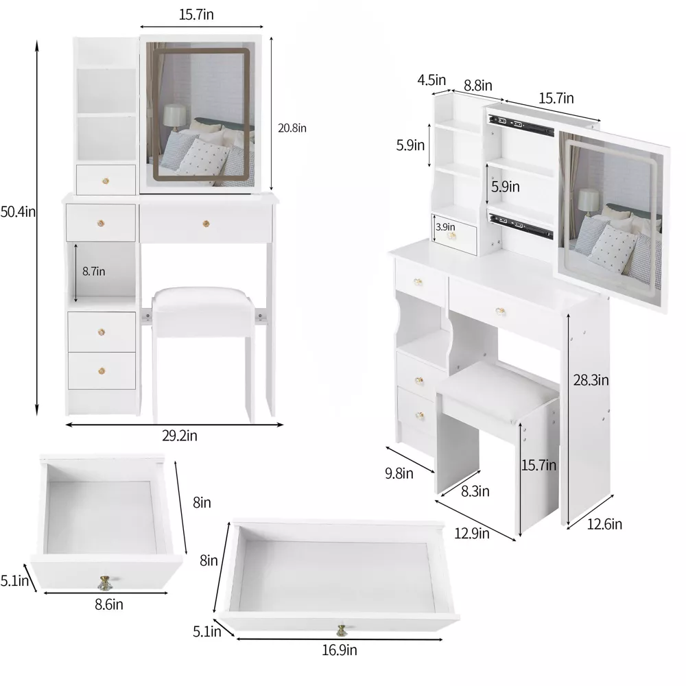 Makeup Vanity Desk with Mirror and Light White - Image 5