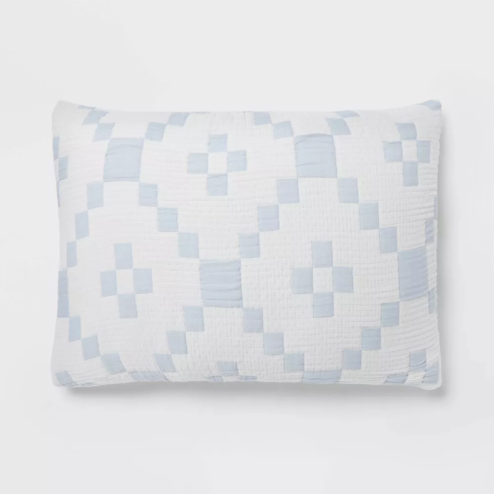 3pc Full/Queen Reversible Lightweight Matelasse Quilt and Shams Set Patchwork Blue - Image 4