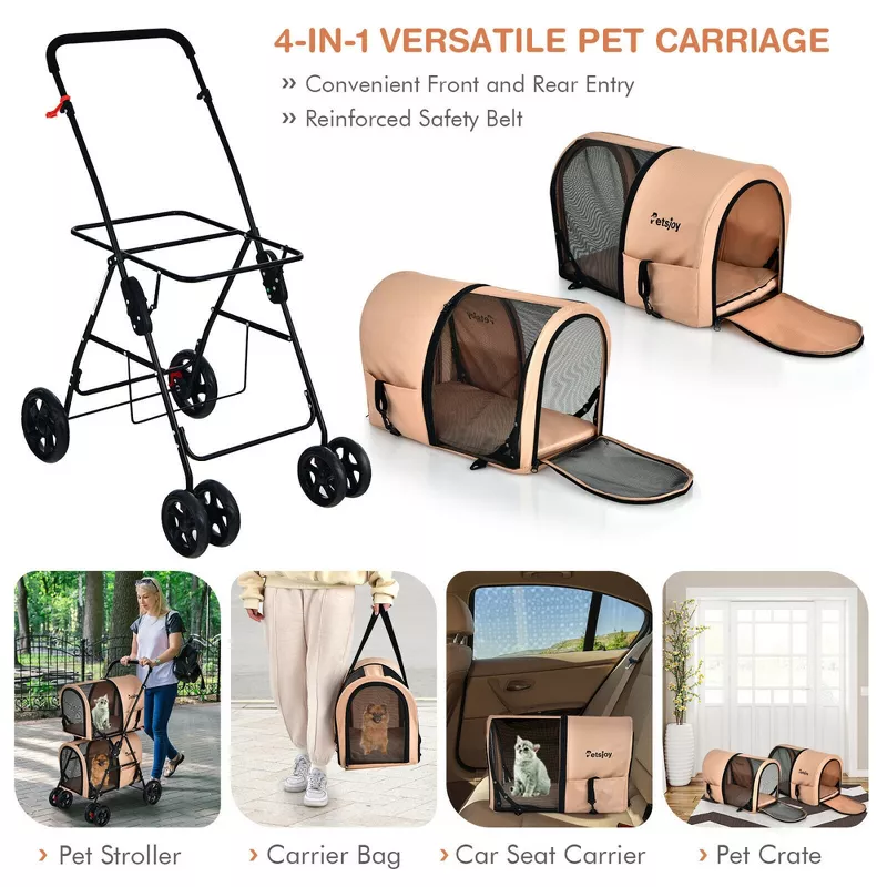 4-in-1 Double Pet Stroller w/ Detachable Carrier Travel Carriage for Cats Beige - Image 2