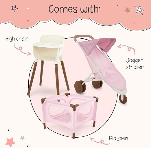 4-inch Baby Doll Accessory Bundle – Nursery Care Set – High Chair, Playpen & Jogger Stroller – Pretend Play Toys – Kids Ages 2 & Up – Baby Doll Nursery Playset - Image 3