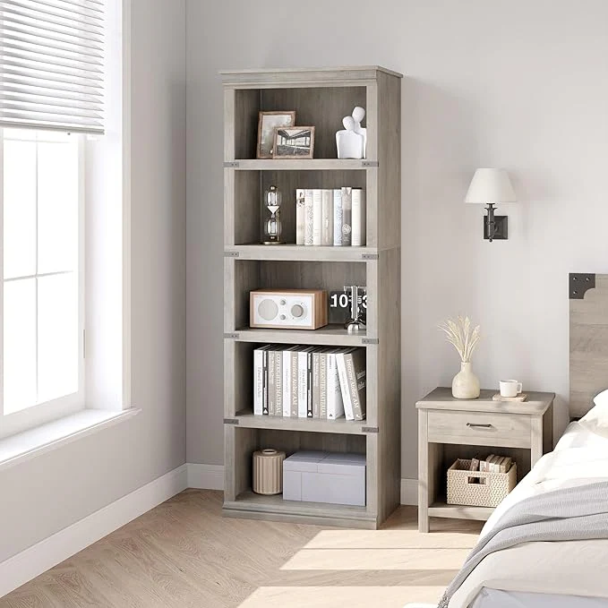 5 Tier Bookcase, Farmhouse Book Shelf with Storage - Image 3