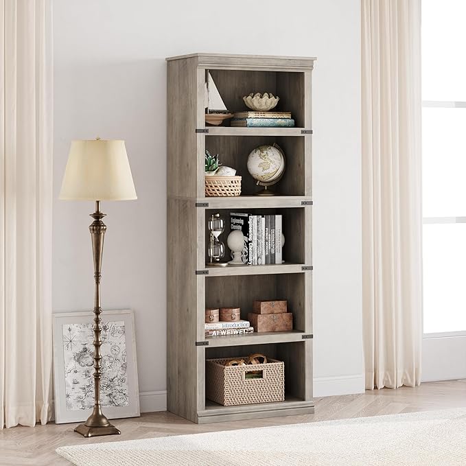 5 Tier Bookcase, Farmhouse Book Shelf with Storage - Image 5