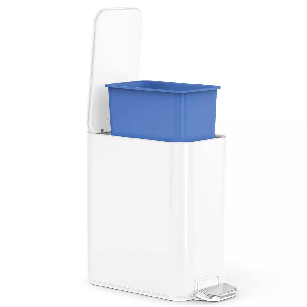 Slim Bathroom Step Trash Can White Steel Garbage Can with Built in Liner Pocket - Image 5