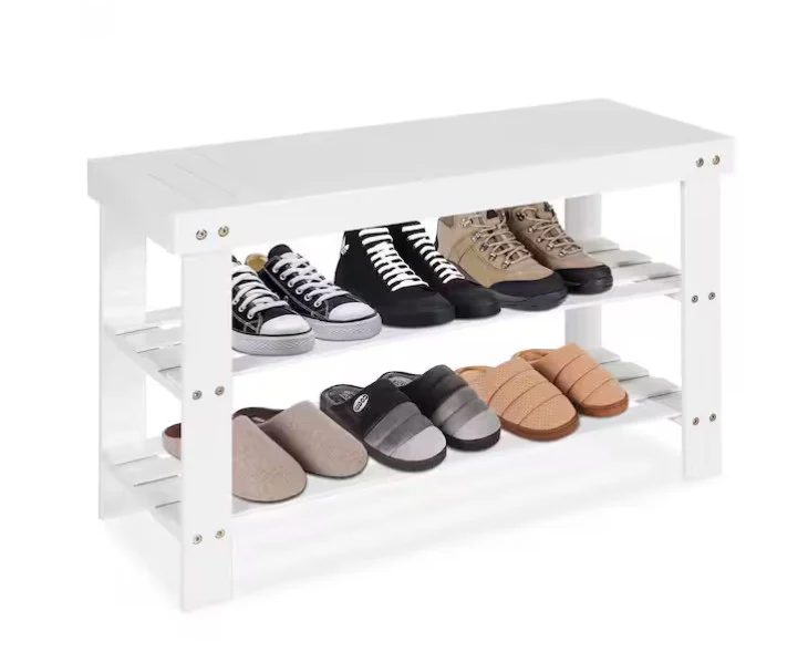 6-Pair White Bamboo Shoe Rack Bench 3-Tier Storage Shelf Holder - Image 2