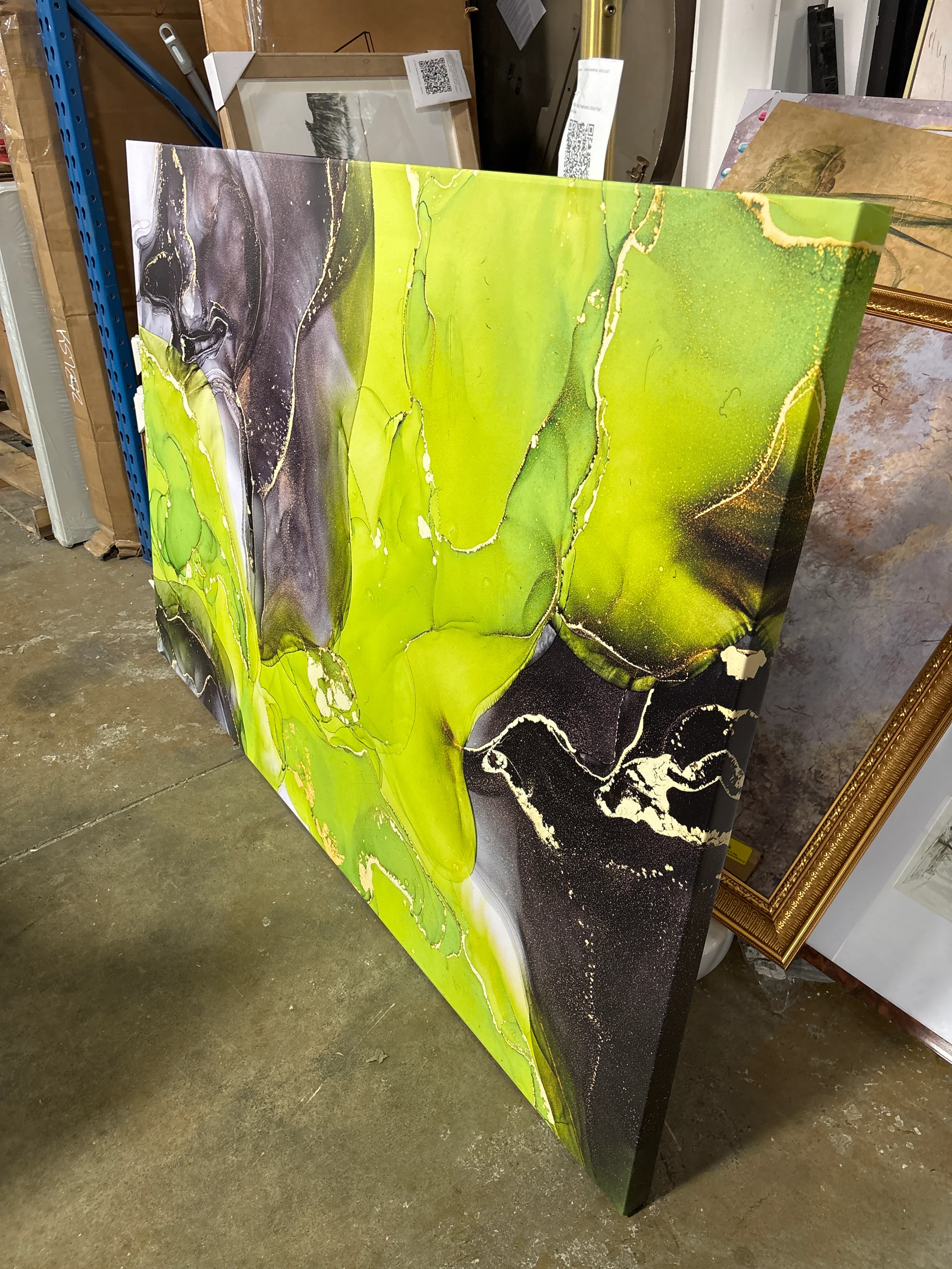 60"x40"  "Green And Black Luxury Abstract Fluid Art I " SHOWROOM ITEM - Image 3