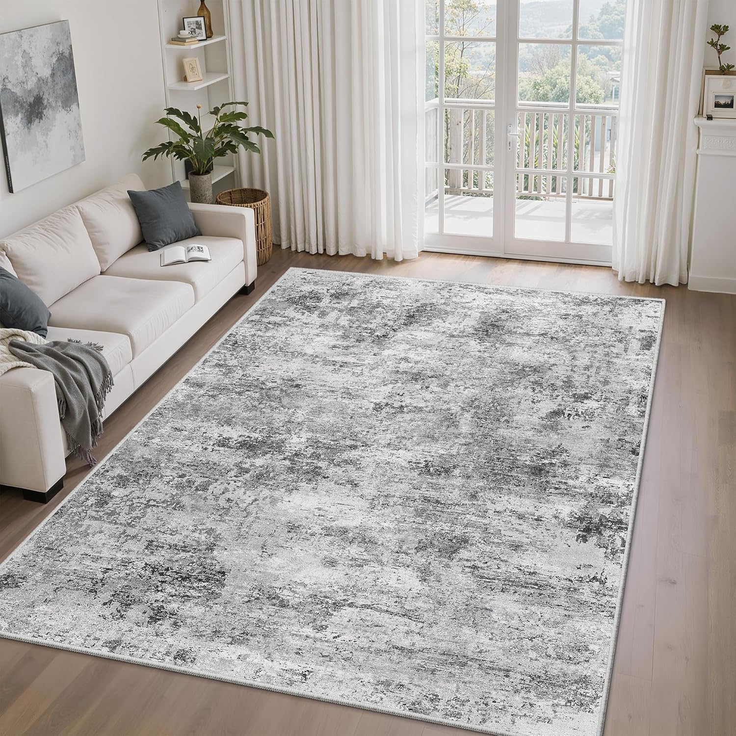 Washable Abstract Soft Thin Large Rug Dark Gray 6x9 - Image 4