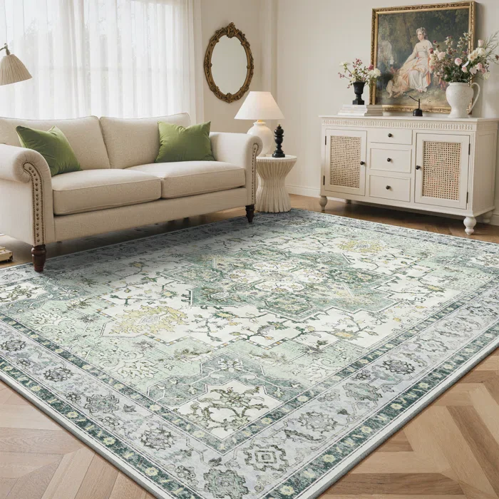 Machine Washable Oriental Green / Ivory Area Rug 8' x 10' - Image 2