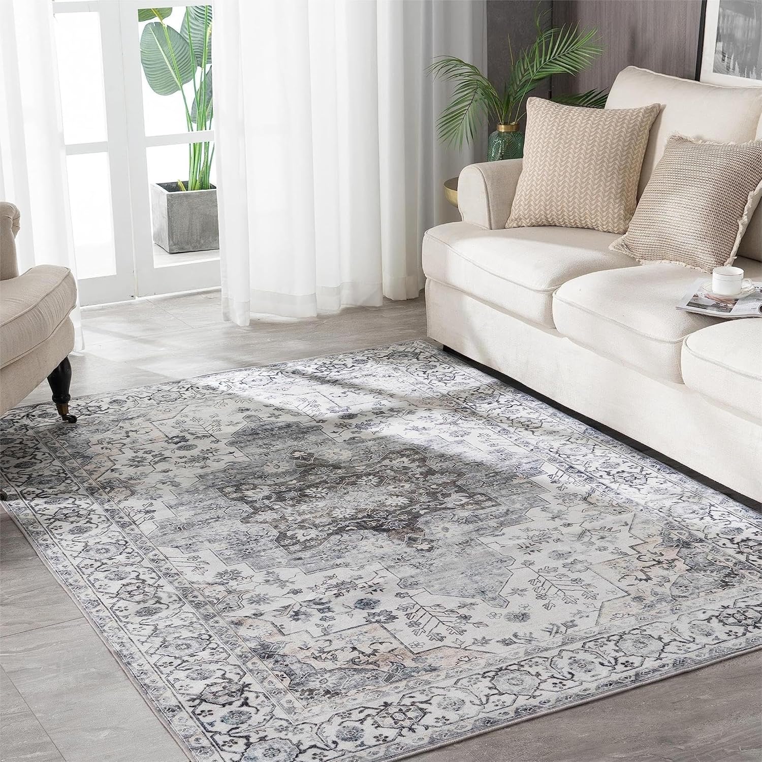 8x10 Ultra Soft Non-Slip, Low Pile, Stain Resistant Vintage Area Rug Grey/White