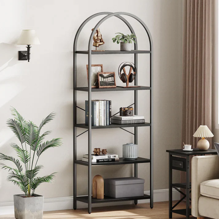 Arched Bookshelf 5-Tier Open Storage Shelves, Black - Image 4