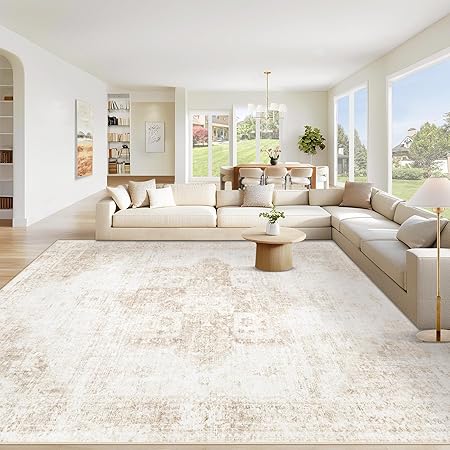 Vintage Boho Medallion Rugs Non-Slip Soft Low Pile Large Distressed Rug Indoor Retro (Beige, 8'x10')