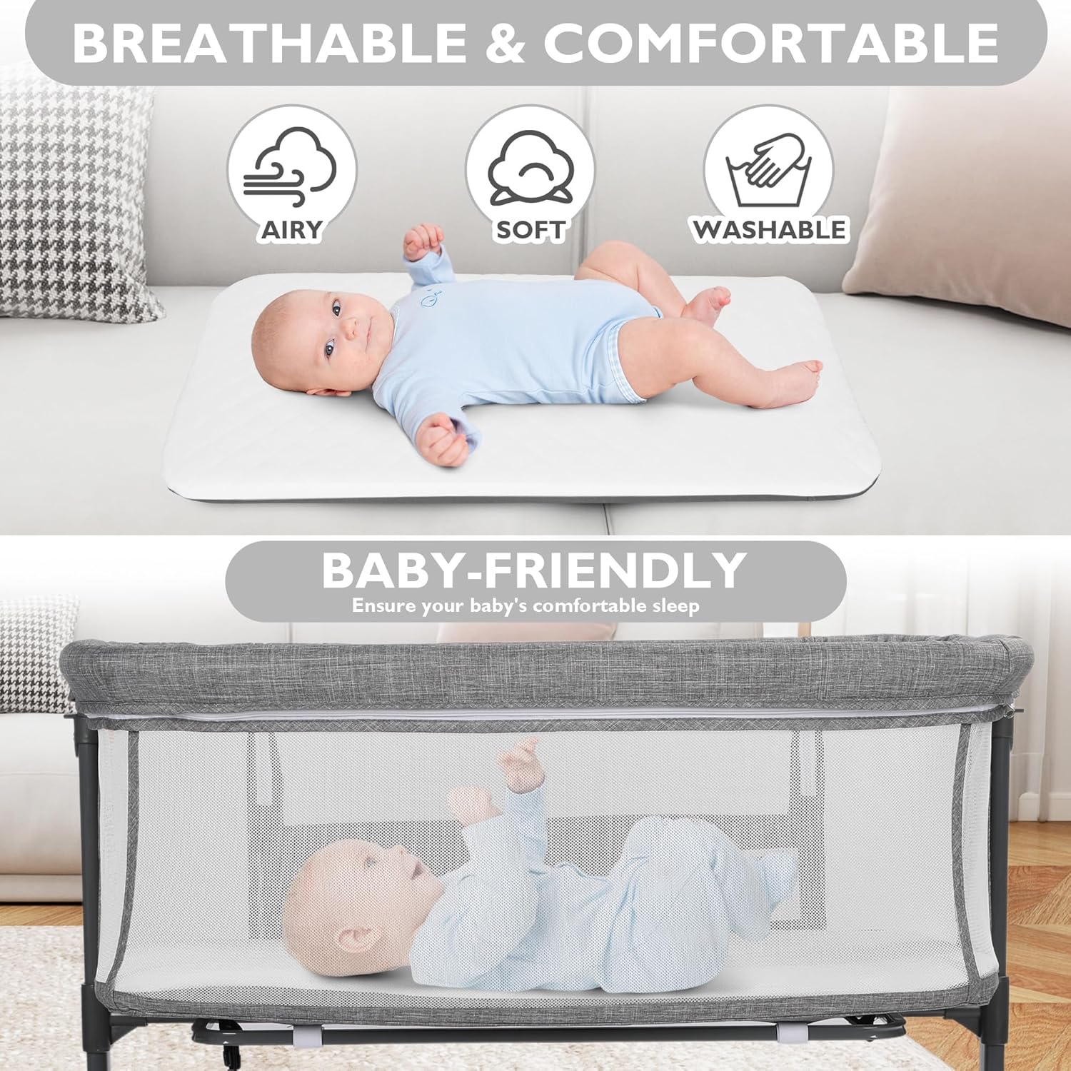 Baby Bassinet, 2 in 1 Portable Newborn Bedside Sleeper, Grey - Image 5