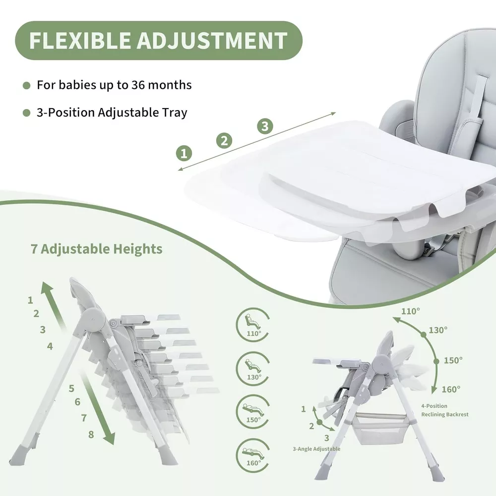 Baby High Chair Foldable, Light Gray - Image 2