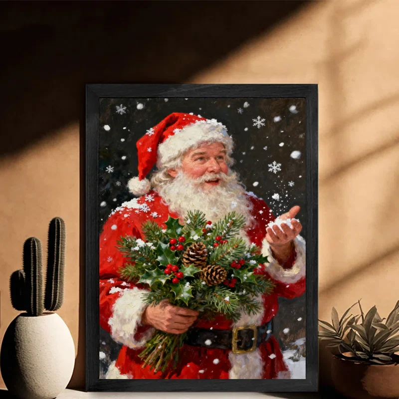 Black Framed Christmas Santa Claus with Holly & Snowflakes Wall Art - Image 3