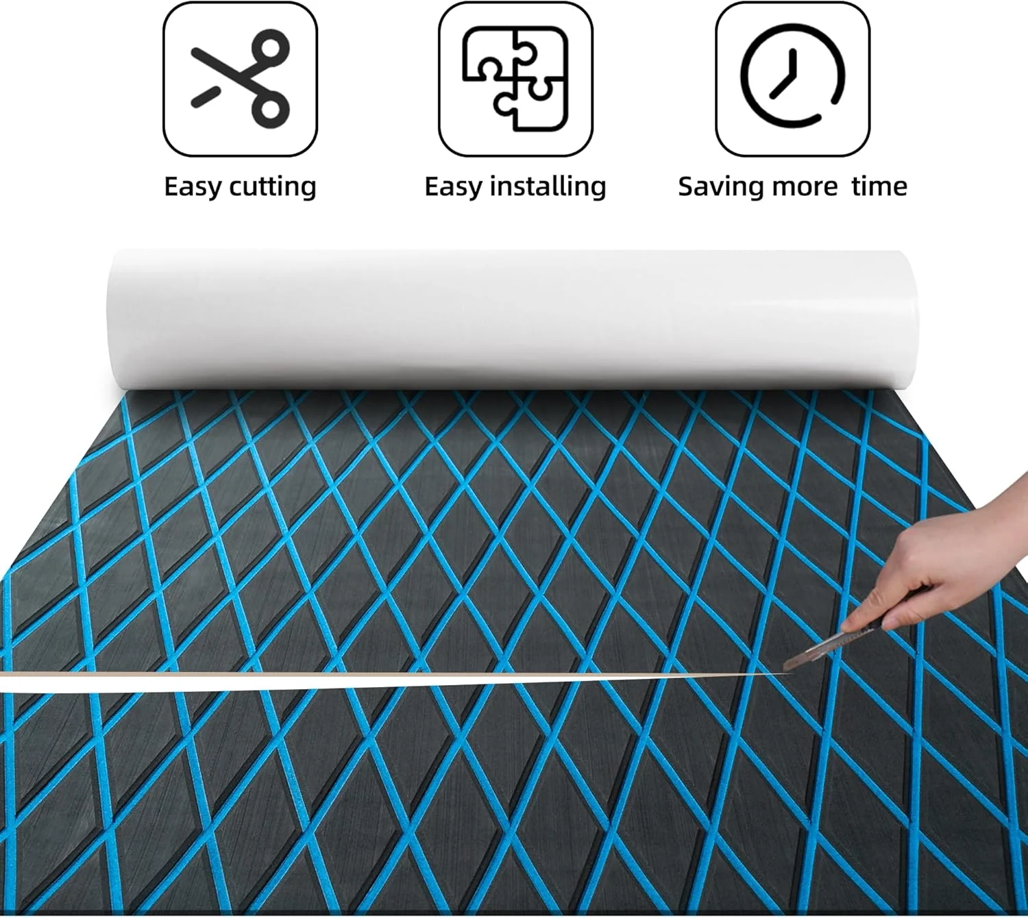 Boat Flooring EVA Foam Boat Decking Marine Mat, 75''x 28'', Dark Grey with Blue Lines - Image 2