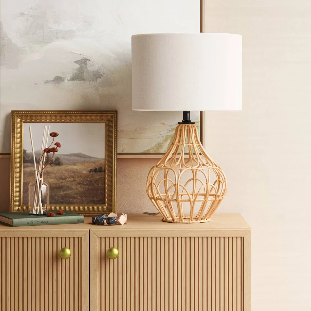Boho Rattan Table Lamp Brown - Cream Shade - Image 3