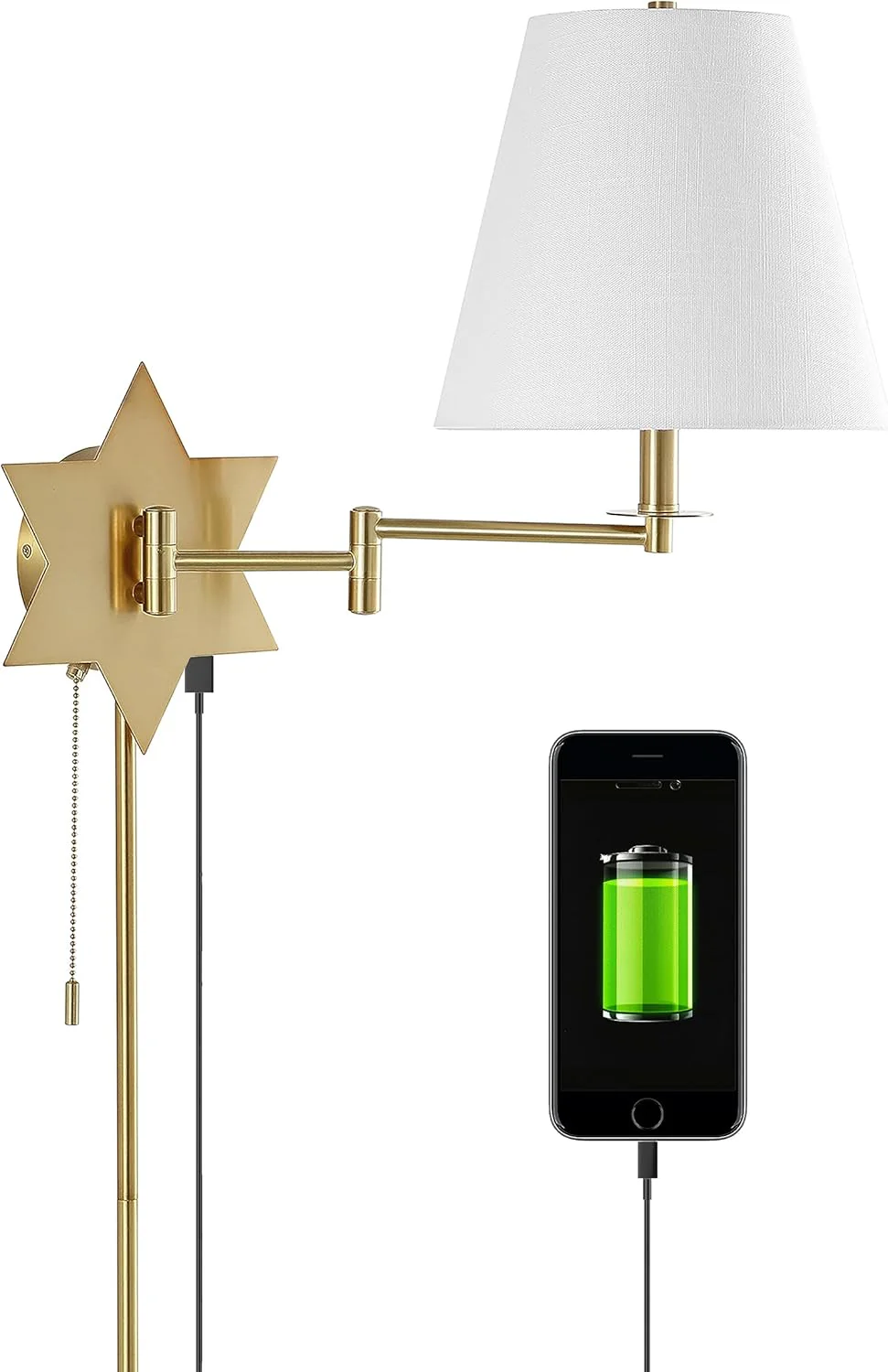 Brass Gold 1-Light Modern Swing Arm Wall Sconce, White Linen Shade