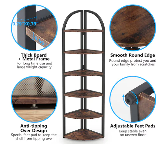 Brown Metal 6 -Shelf Corner Bookcase - Image 4