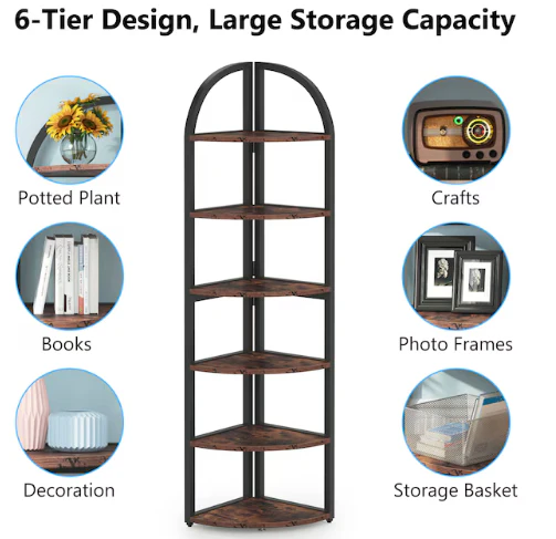 Brown Metal 6 -Shelf Corner Bookcase - Image 5