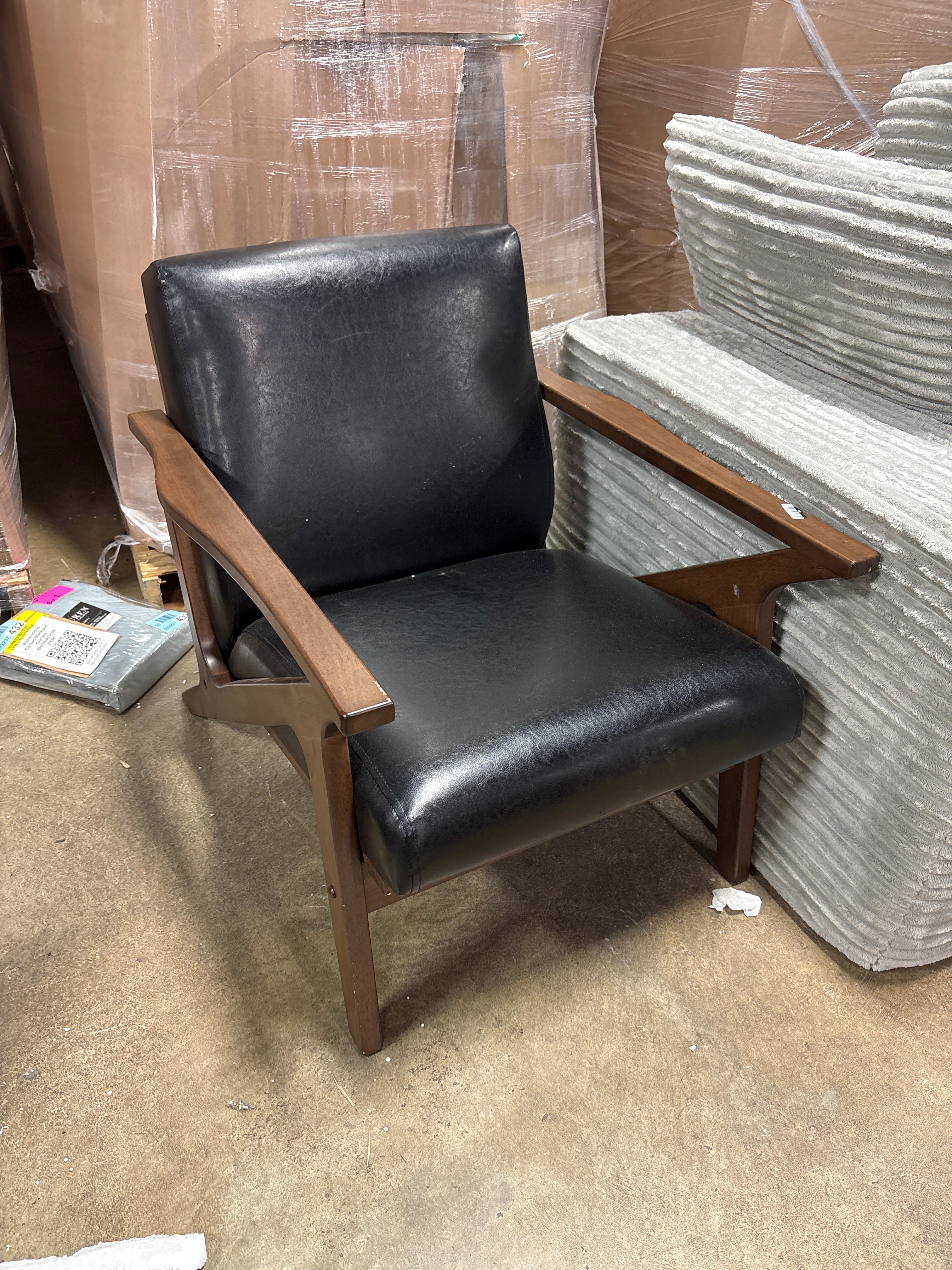 Buylateral Bianca Mid Century Modern Solid Wood Accent Chair Faux Leather Black/Walnut SHOWROOM ITEM - Image 2