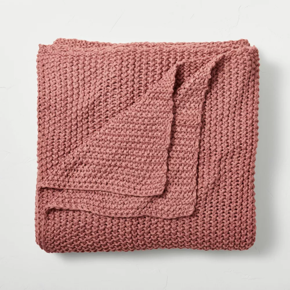 Chunky Knit Bed Blanket Rose Pink King