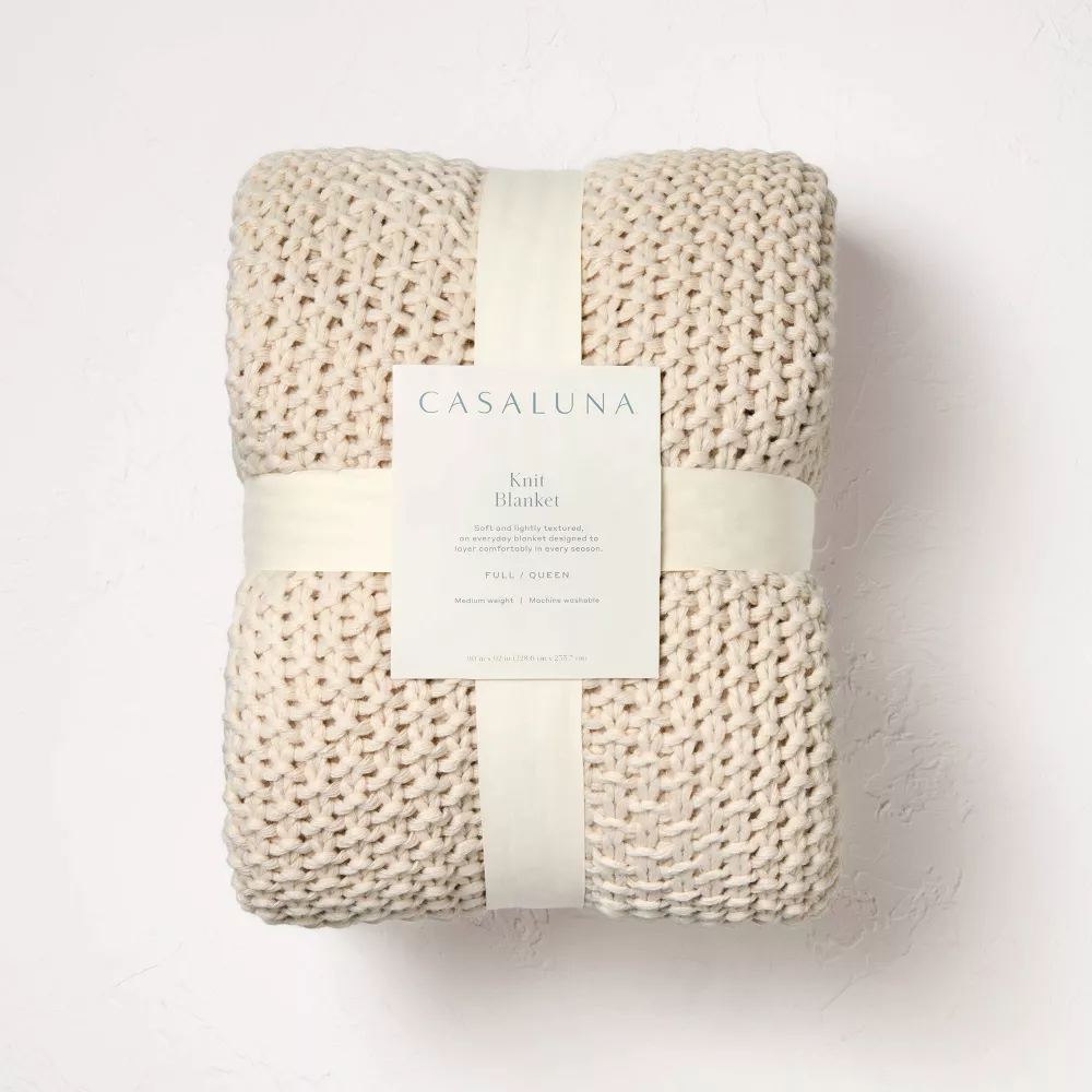 Chunky Knit Bed Blanket Natural - Full/Queen