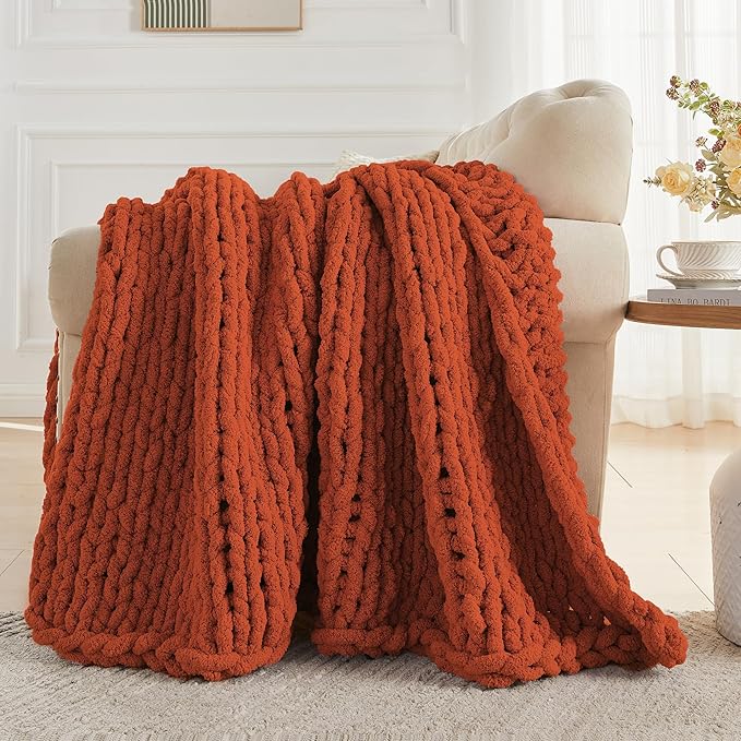 Chunky Knit Throw Blanket Twin, Rust - Image 3