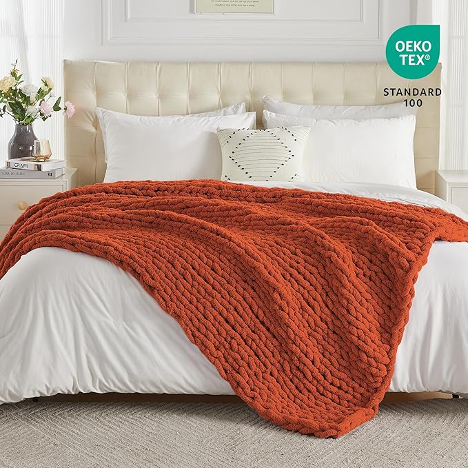 Chunky Knit Throw Blanket Twin, Rust - Image 4