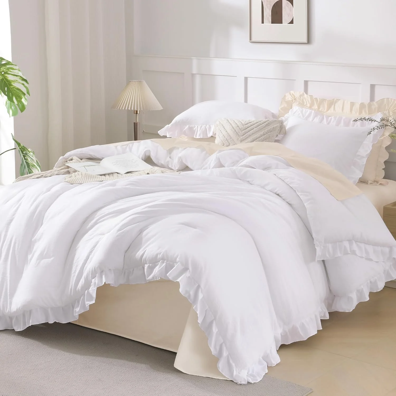 Comforter Full Size Set White, 3 Pieces Ruffle