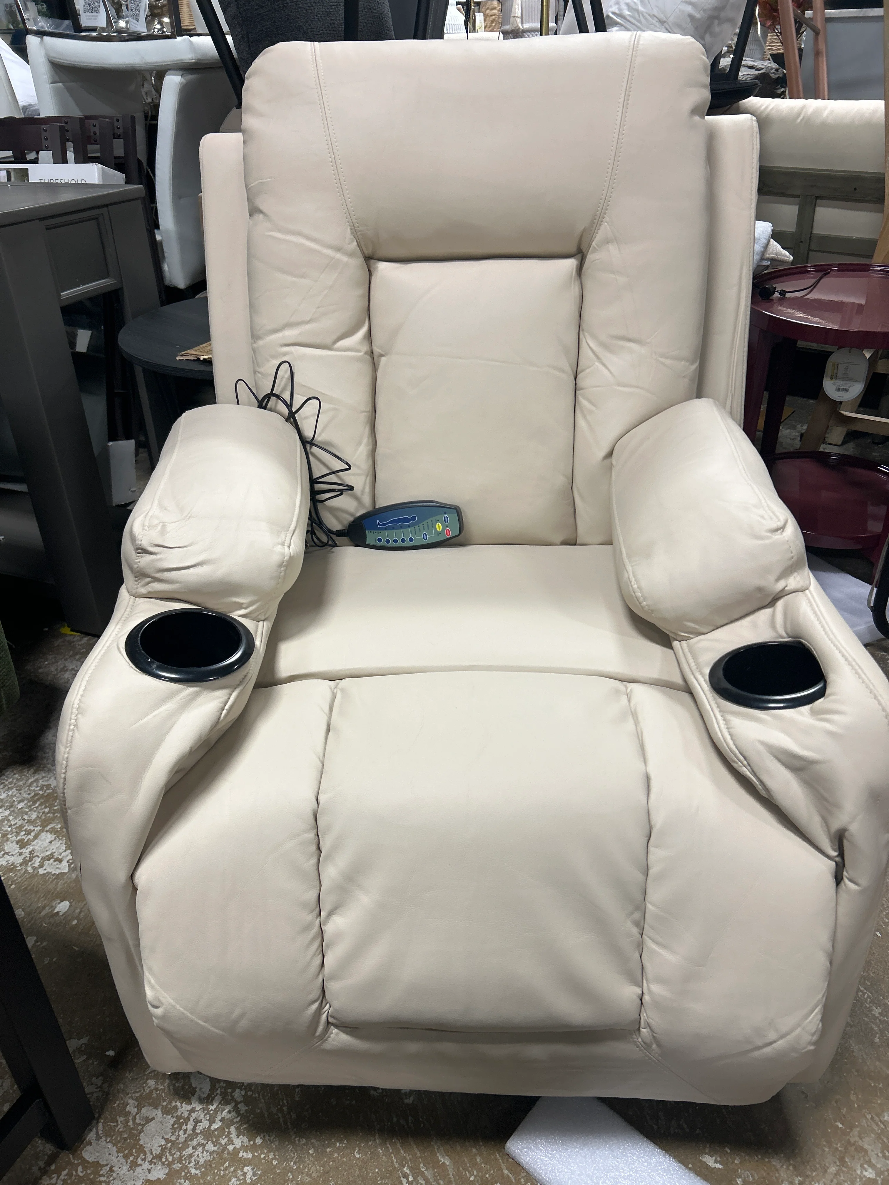 COMHOMA Recliner Chair, PU Rocking Chair for Adults, Swivel Recliner with Cup Holders, Heat and Massage, Single Sofa Seat with Side Pockets for Living Room, Bedroom (Cream) SHOWROOM ITEM - Image 2