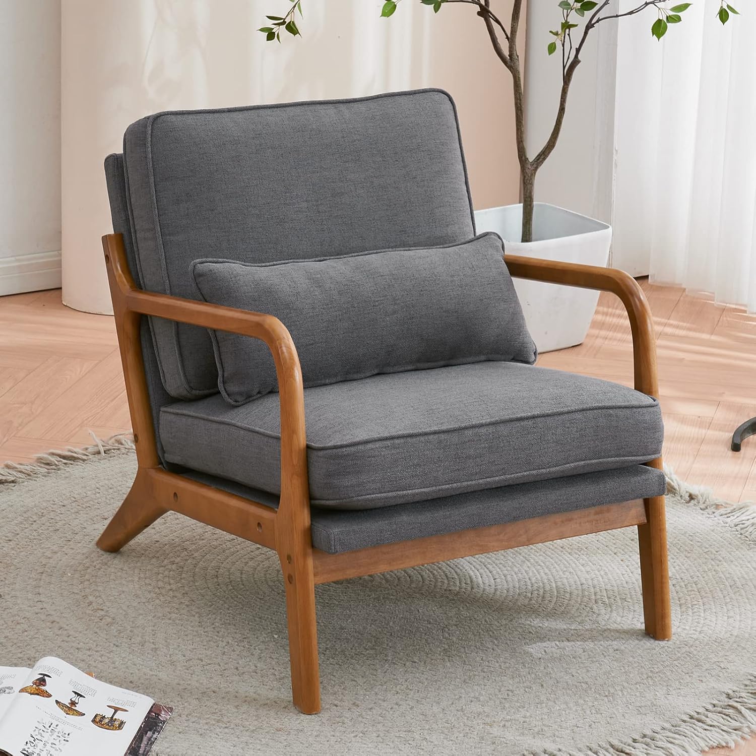 Linen Dark Gray Accent Chairs Set of 2, Wood Lounge - Image 3