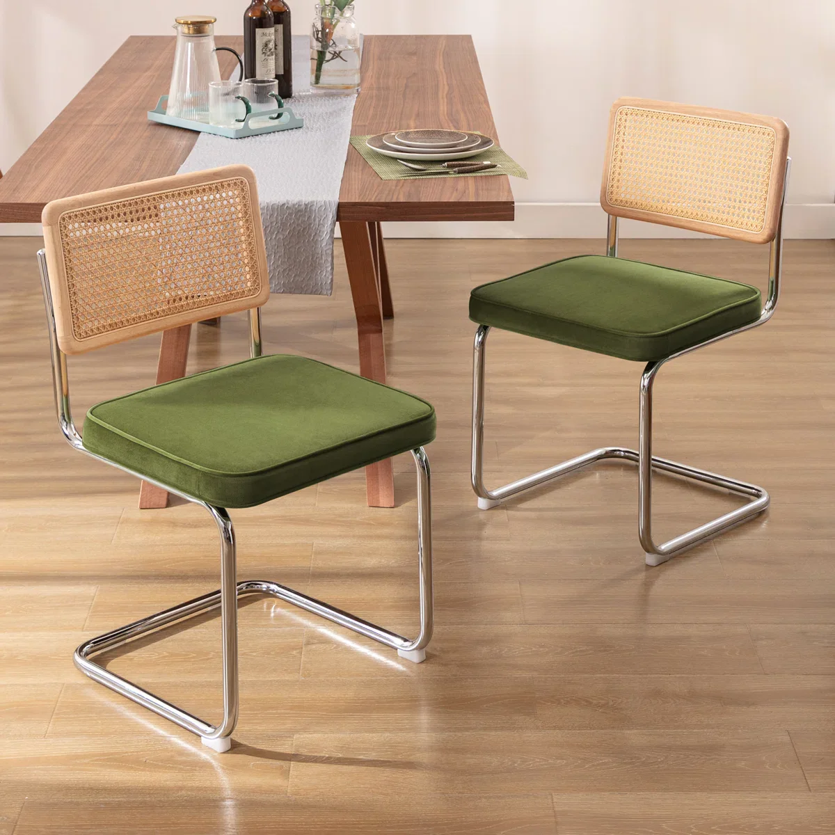 Crumley Upholstered Side Chair with Cane Rattan Back and Steel Frame (Set of 2) - Image 2