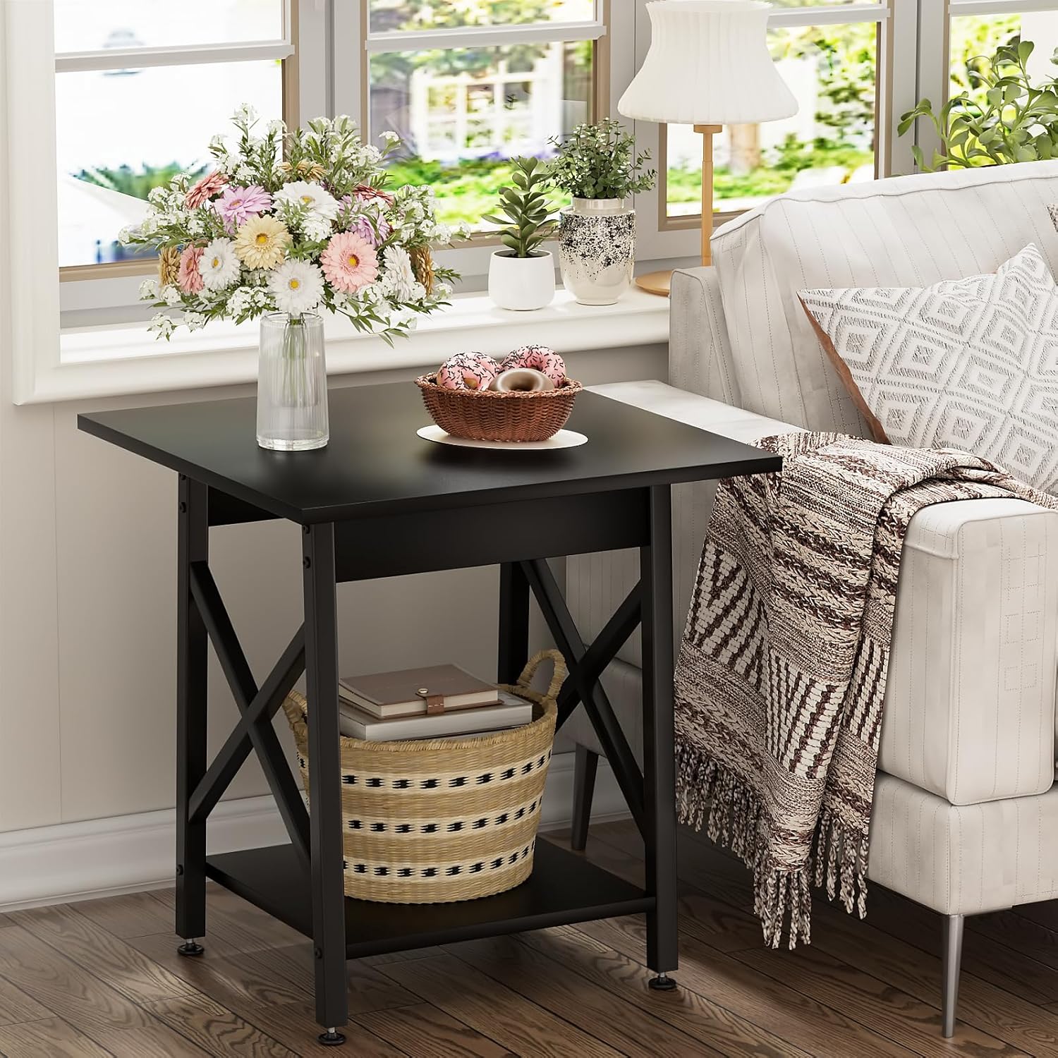 End Table, Large Square Side Tables with X-Frame, 2-Tier Storage, Black - Image 4