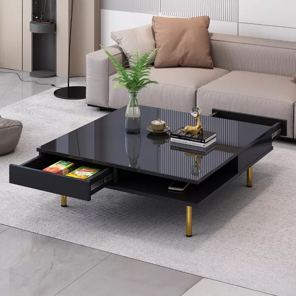 Exquisite High Glossy Coffee Table with 4 Golden Legs and 2 Small Drawers, 2-Tier Square Center Table 4S - Image 3