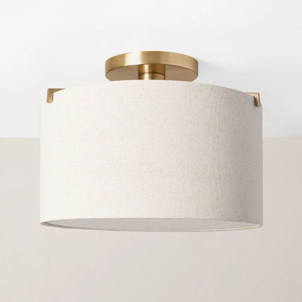 Fabric Shade Semi-Flush Mount Ceiling Light Brass/ Light Brass/Oatmeal