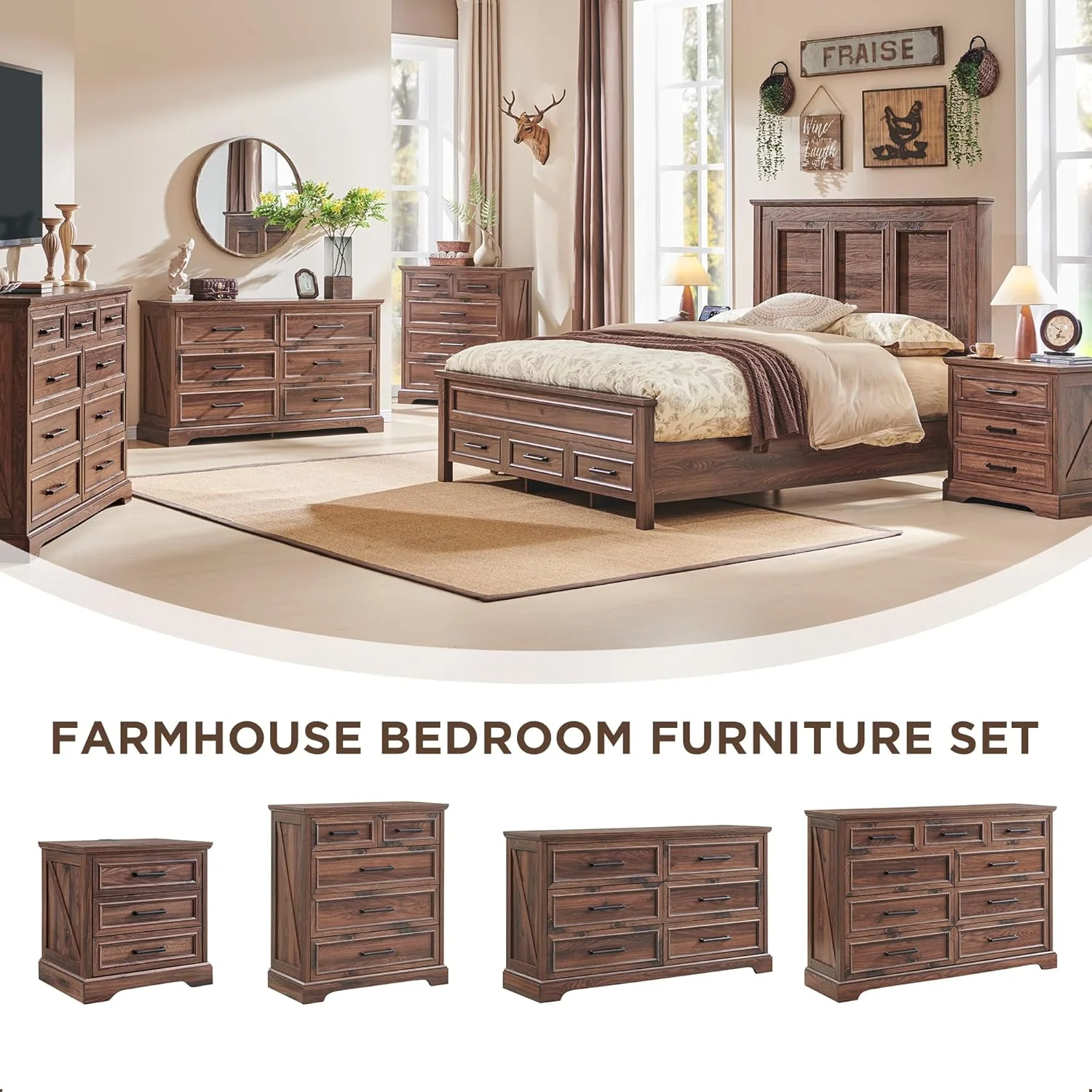 Farmhouse 9 Drawer Modern Dresser TV Stand with Large Drawers & Bar Handles, Brown - Image 3