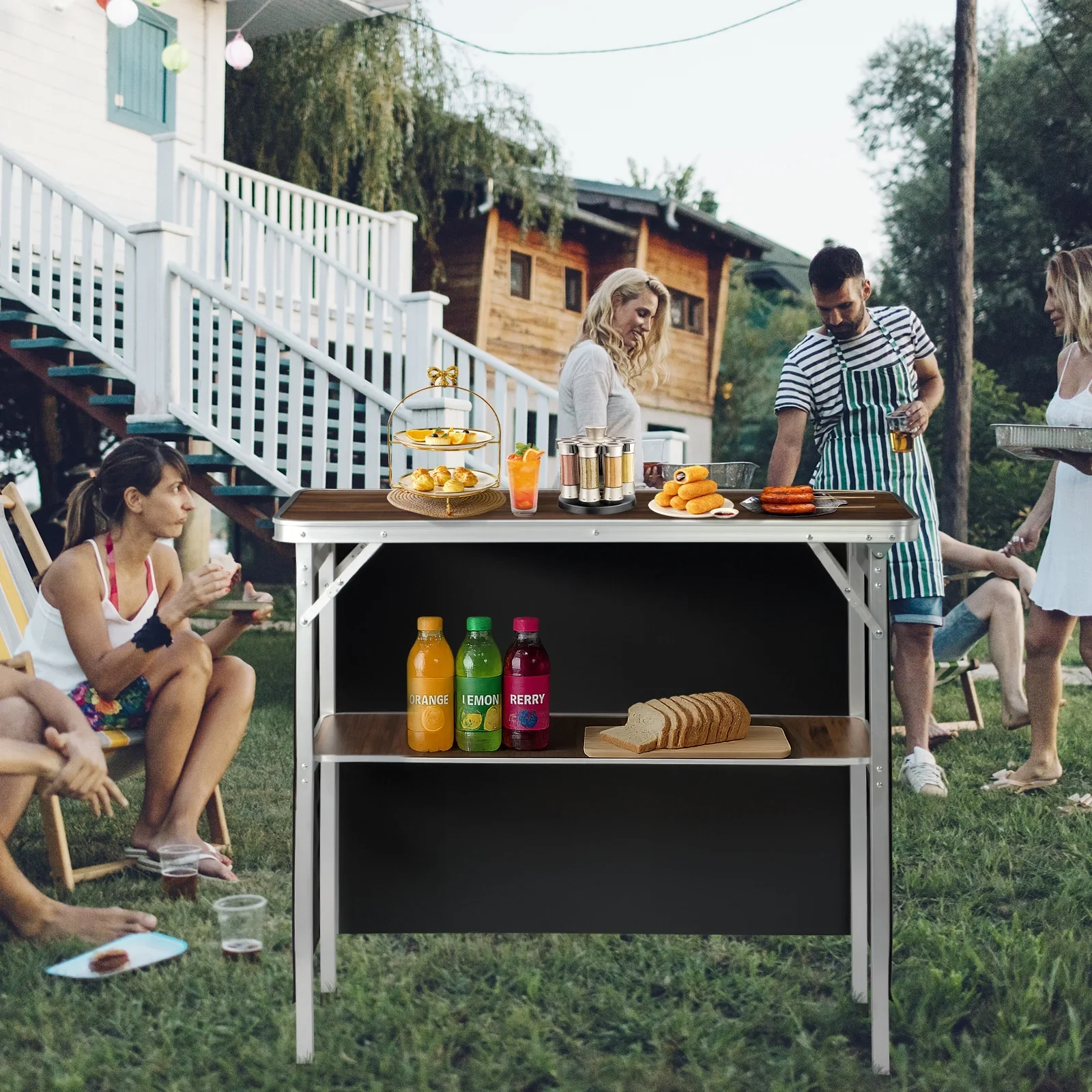 Foldable Bar Table, Mobile Bar with 3-Tier Shelves - Image 3