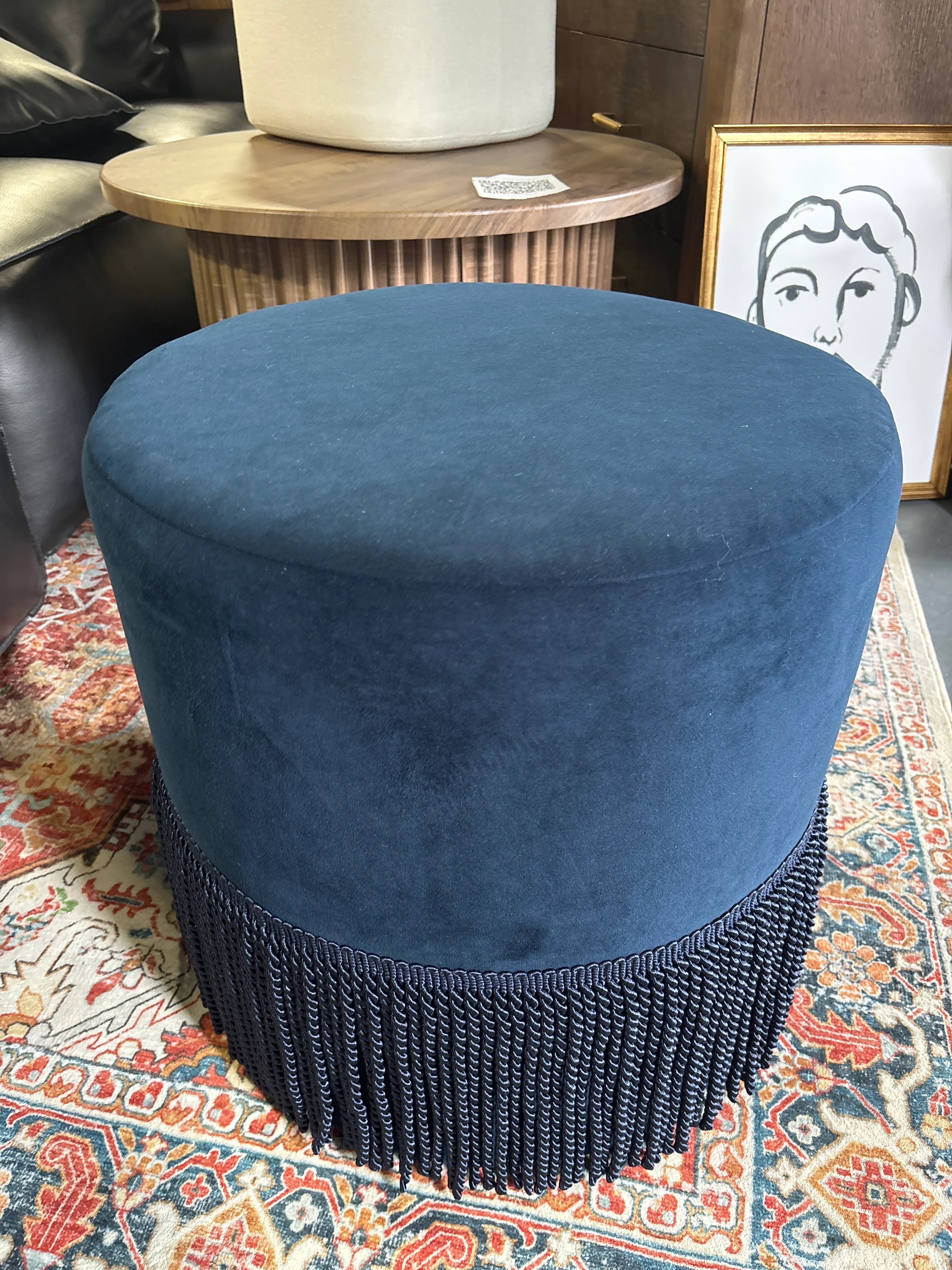 Fringe Drum Ottoman in Velvet - Ink Navy SHOWROOM ITEM - Image 2