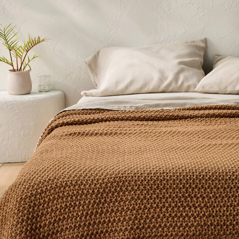 Chunky Knit Bed Blanket Warm Brown Full/Queen - Image 2