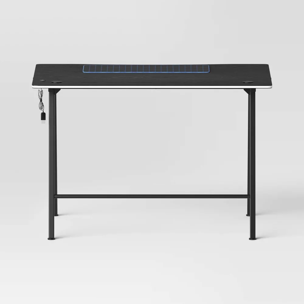Gaming Desk with LED Lights and Headphone Holder Black, - Image 3