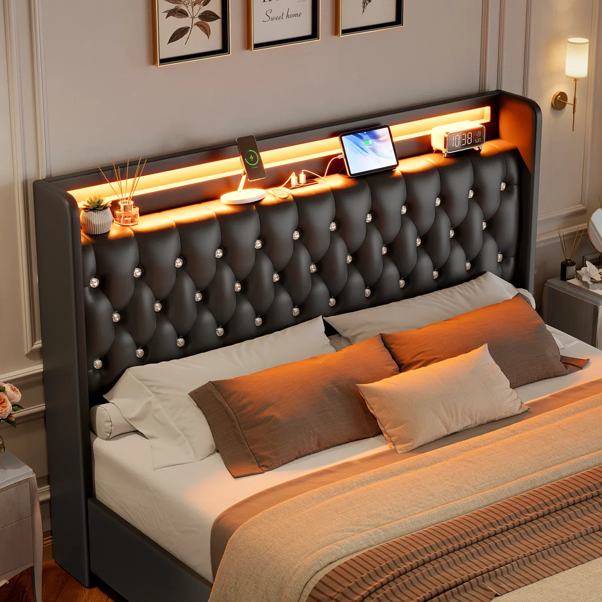 Glastonbury Upholstered Wingback Bed, 2 Drawers Storage Bed with LED Light - Image 3