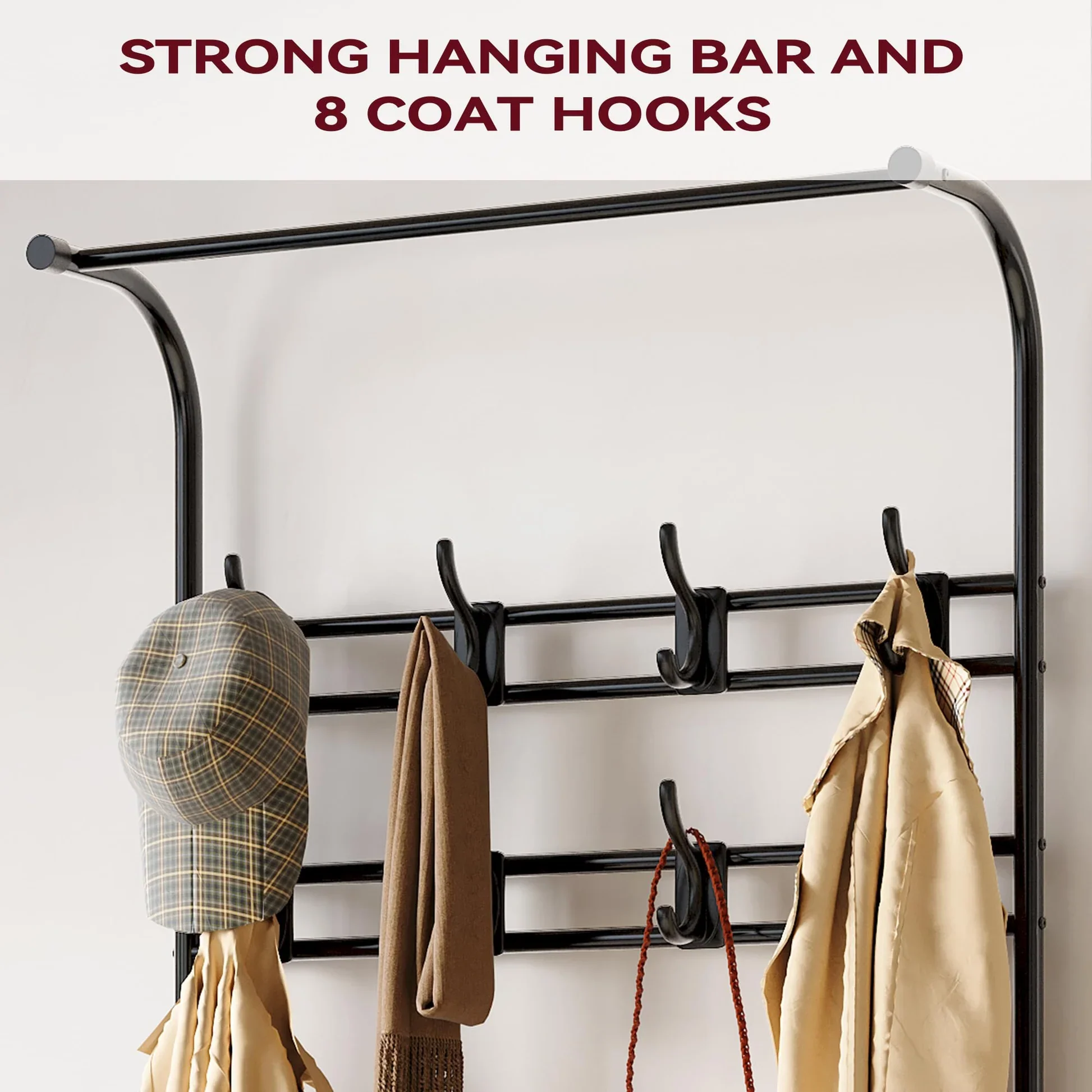 4-in-1 Coat Rack Storage Bench with Hanging Bar - Image 4